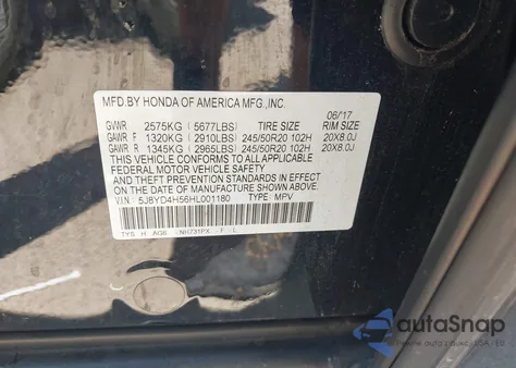 2017 Acura Mdx Technology Package z USA, uszkodzony, nr VIN 5J8YD4H56HL001180